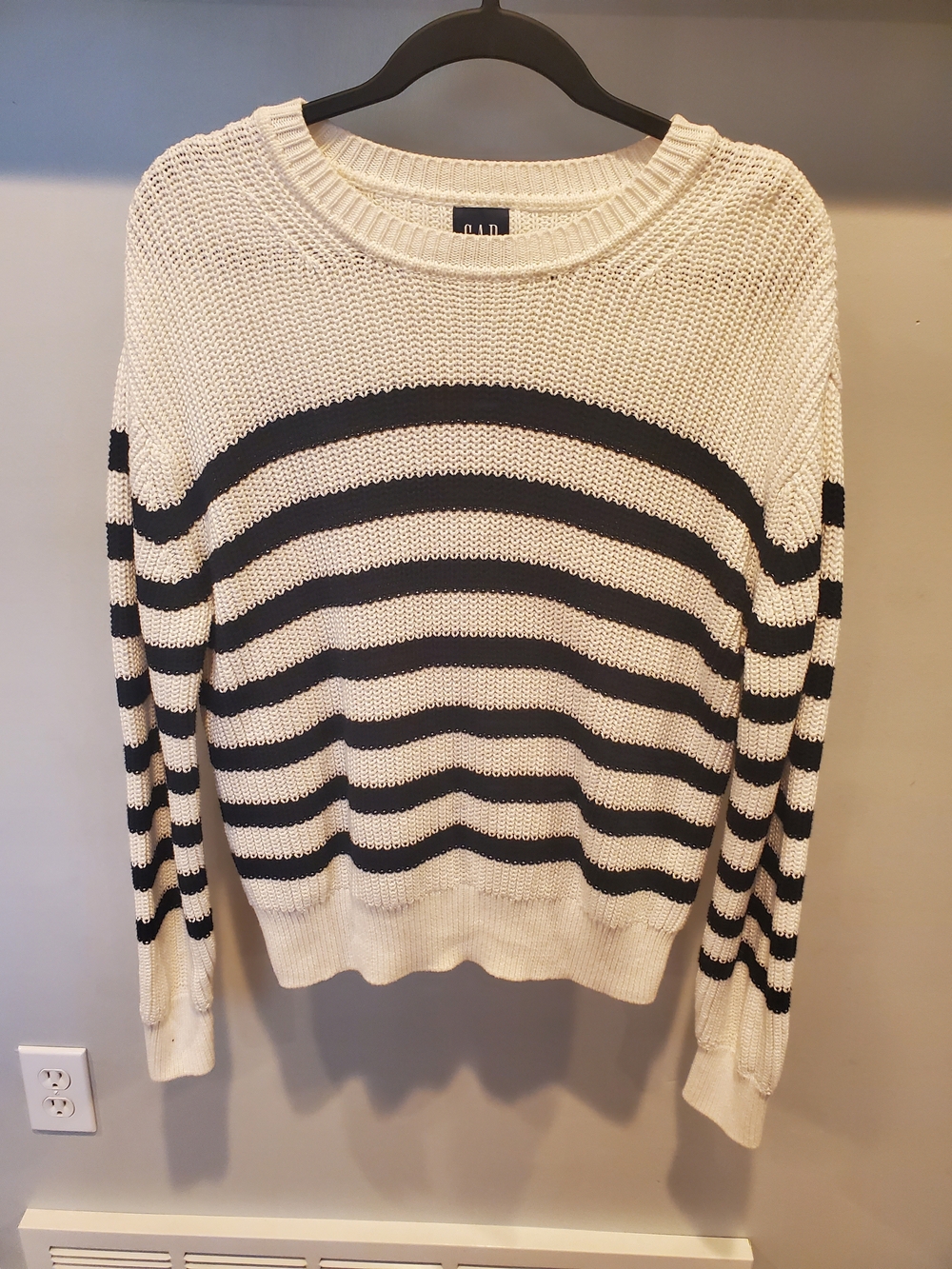 GAP White  and Black Striped Crewneck Sweater